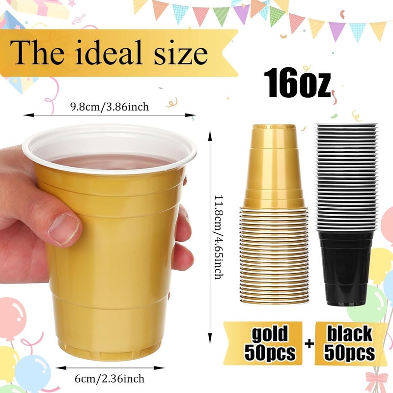 KesaPlan 100PCS 16 oz Plastic Cups Graduation Cups Black and Gold Cups Disposable Party Cups Bulk for Party Graduation Wedding Birthday Family Gatherings and Festive Celebrations - Image 3